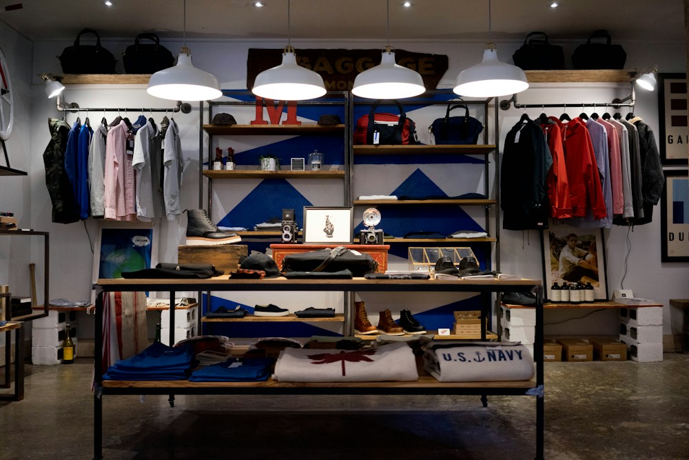 Retail interior with merchandise displays and custom lighting